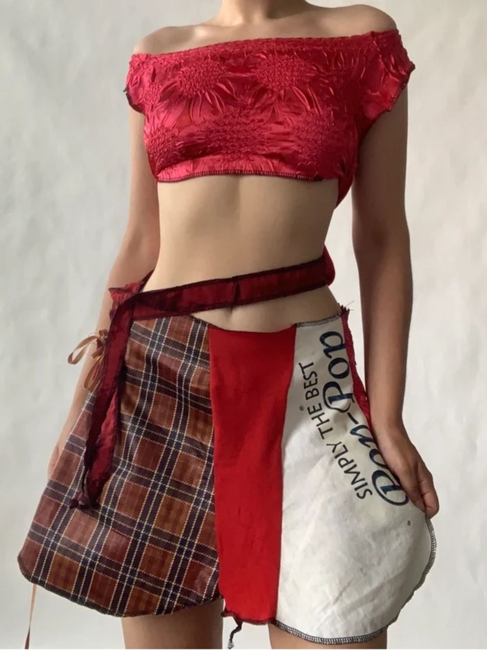 Red Patchwork Mini Skirt with Plaid and Graphic Panels